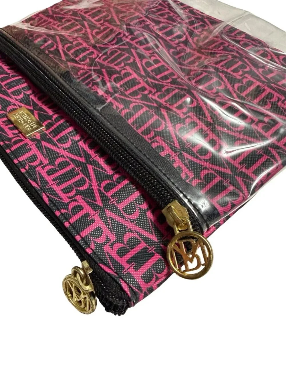 Badgley Mischka Pink Black BM Monogram Clear Cosmetic Travel Bag Double Zip 8